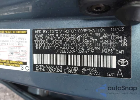 2004 Toyota Camry Xle из США, поврежденный, VIN JTDBE32K940265726